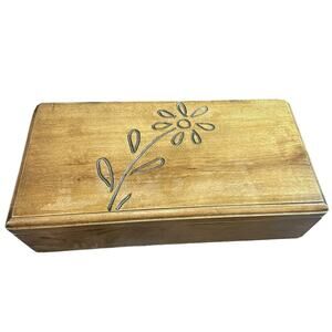Vintage Primitive Hand Carved Flower Wooden Trinket Jewelry Box Hinged Heavy 12"